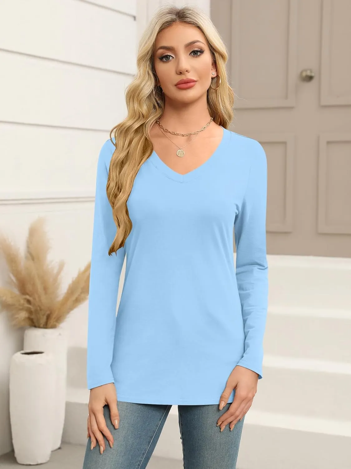 Elesomo Women Shirts V Neck Short/Long Sleeve Cotton Tops T-Shirt Basic Tees