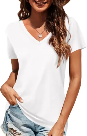 Elesomo Women Shirts V Neck Short/Long Sleeve Cotton Tops T-Shirt Basic Tees