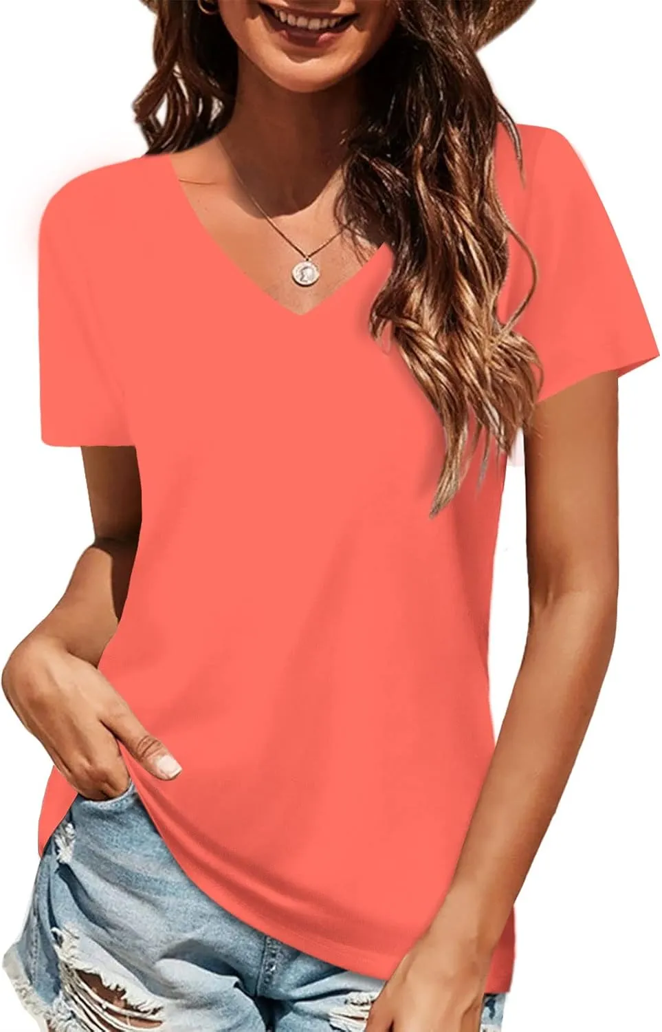 Elesomo Women Shirts V Neck Short/Long Sleeve Cotton Tops T-Shirt Basic Tees