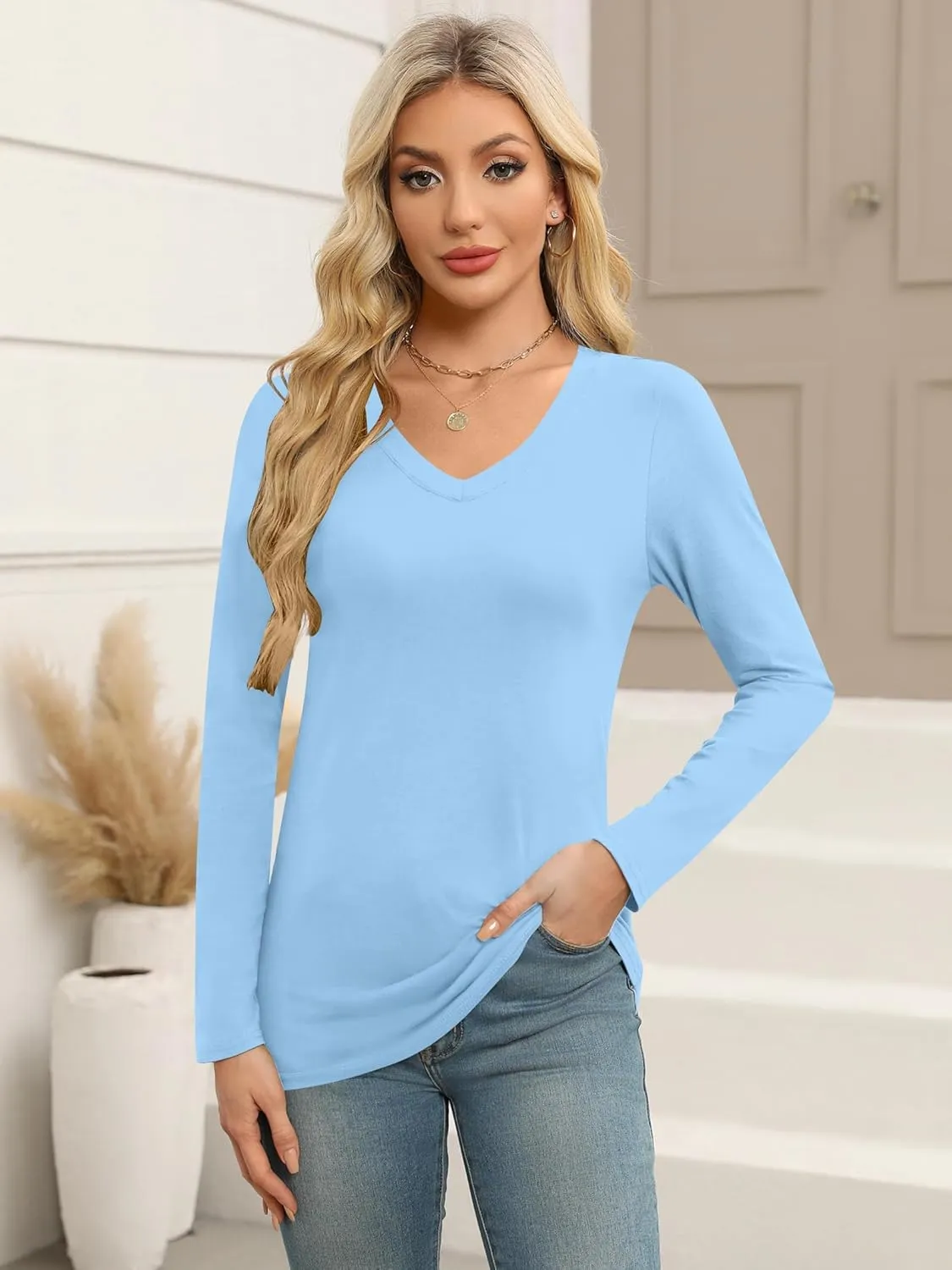 Elesomo Women Shirts V Neck Short/Long Sleeve Cotton Tops T-Shirt Basic Tees