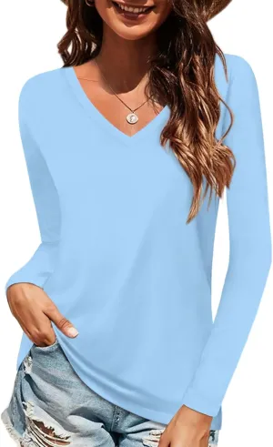Elesomo Women Shirts V Neck Short/Long Sleeve Cotton Tops T-Shirt Basic Tees