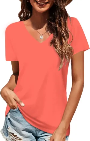 Elesomo Women Shirts V Neck Short/Long Sleeve Cotton Tops T-Shirt Basic Tees