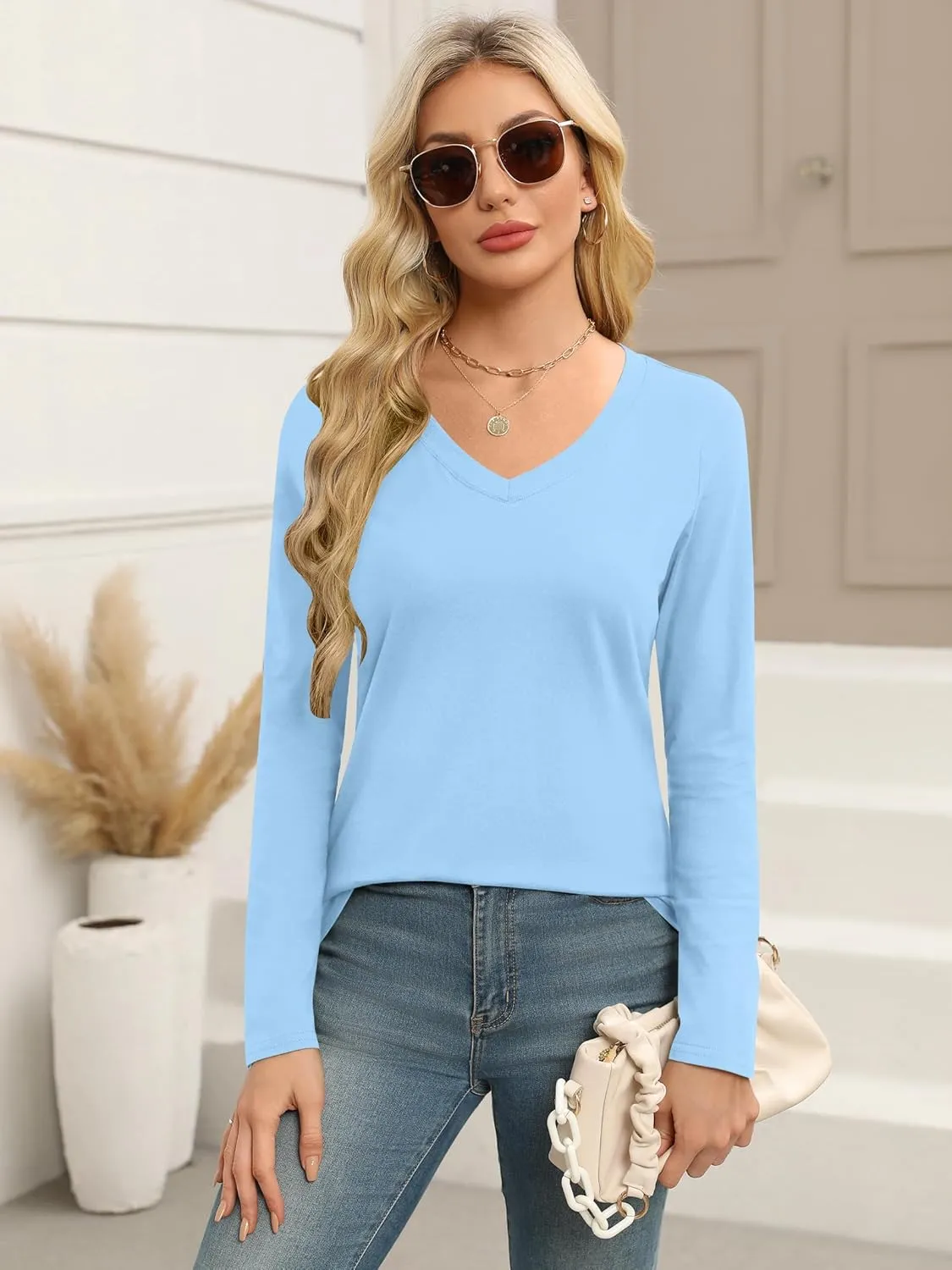 Elesomo Women Shirts V Neck Short/Long Sleeve Cotton Tops T-Shirt Basic Tees