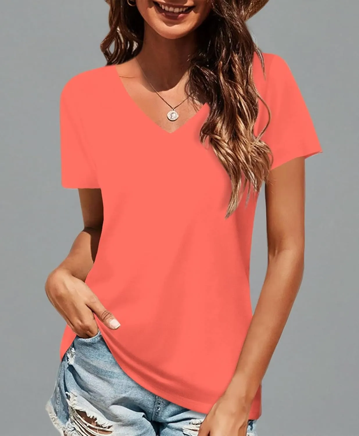 Elesomo Women Shirts V Neck Short/Long Sleeve Cotton Tops T-Shirt Basic Tees