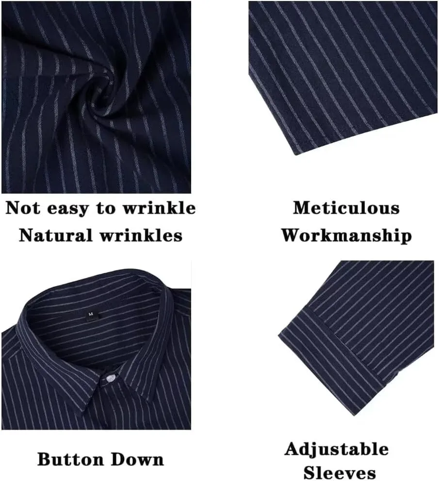 elselect Men's Button-Down Striped Shirts Casual Long Sleeve Cotton Linen Shirts for Men Collared Fashion Business Shirt