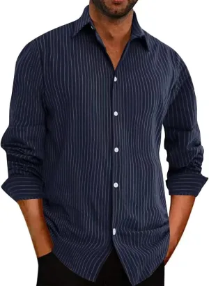 elselect Men's Button-Down Striped Shirts Casual Long Sleeve Cotton Linen Shirts for Men Collared Fashion Business Shirt