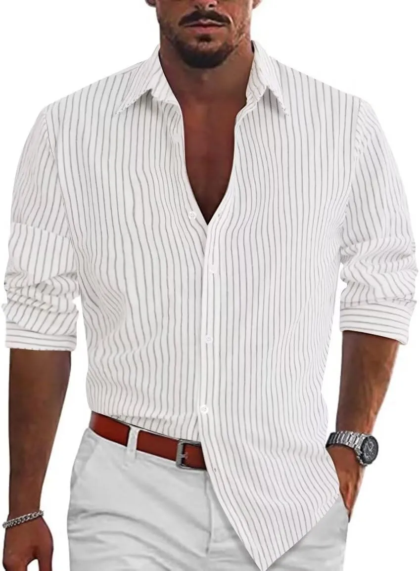 elselect Men's Button-Down Striped Shirts Casual Long Sleeve Cotton Linen Shirts for Men Collared Fashion Business Shirt