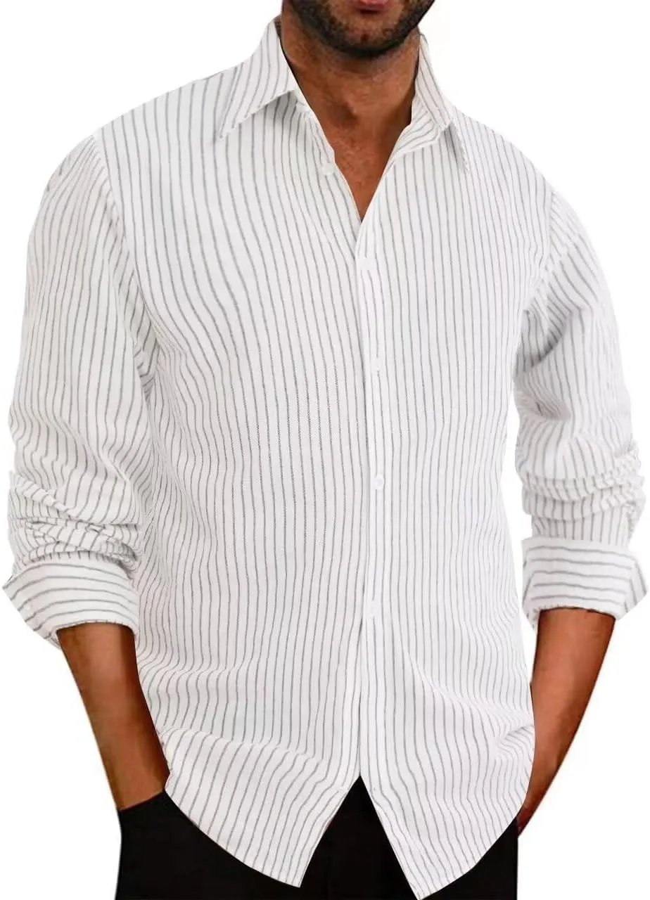 elselect Men's Button-Down Striped Shirts Casual Long Sleeve Cotton Linen Shirts for Men Collared Fashion Business Shirt