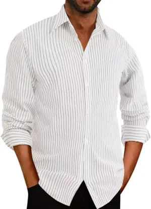 elselect Men's Button-Down Striped Shirts Casual Long Sleeve Cotton Linen Shirts for Men Collared Fashion Business Shirt