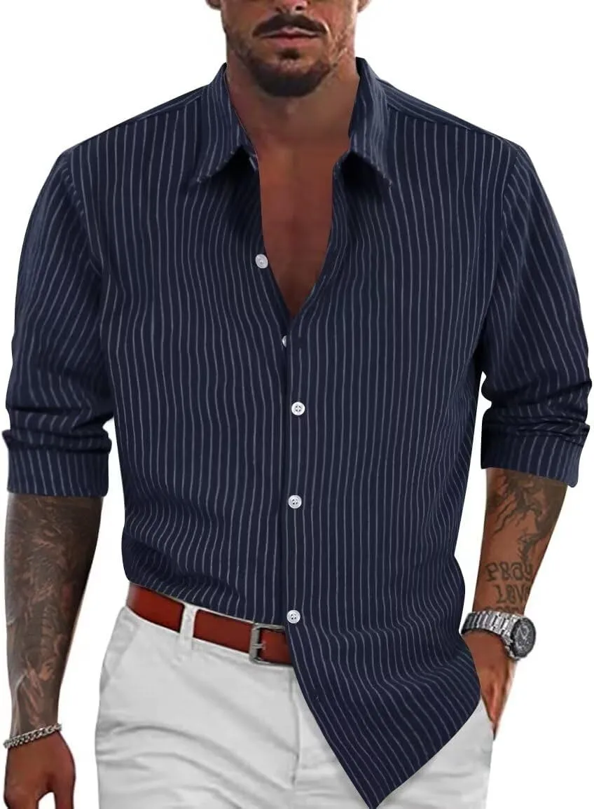 elselect Men's Button-Down Striped Shirts Casual Long Sleeve Cotton Linen Shirts for Men Collared Fashion Business Shirt
