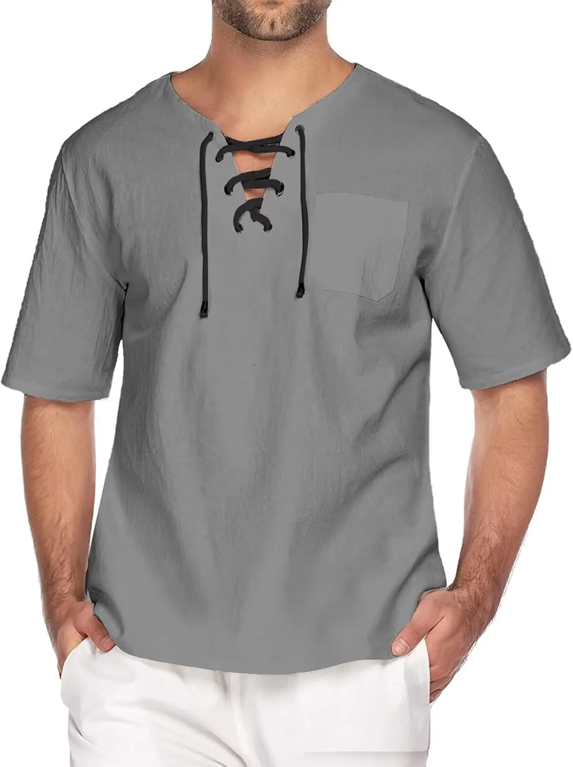 elselect Mens Cotton Linen Shirts Lace Up Short Sleeve T Shirts Casual Beach Hippie Renaissance Shirt V Neck Yoga Tops