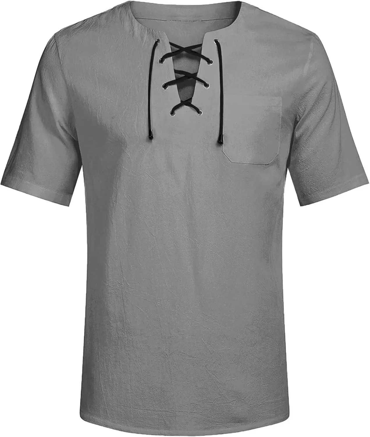 elselect Mens Cotton Linen Shirts Lace Up Short Sleeve T Shirts Casual Beach Hippie Renaissance Shirt V Neck Yoga Tops