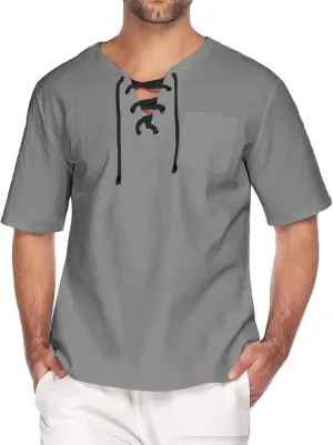 elselect Mens Cotton Linen Shirts Lace Up Short Sleeve T Shirts Casual Beach Hippie Renaissance Shirt V Neck Yoga Tops