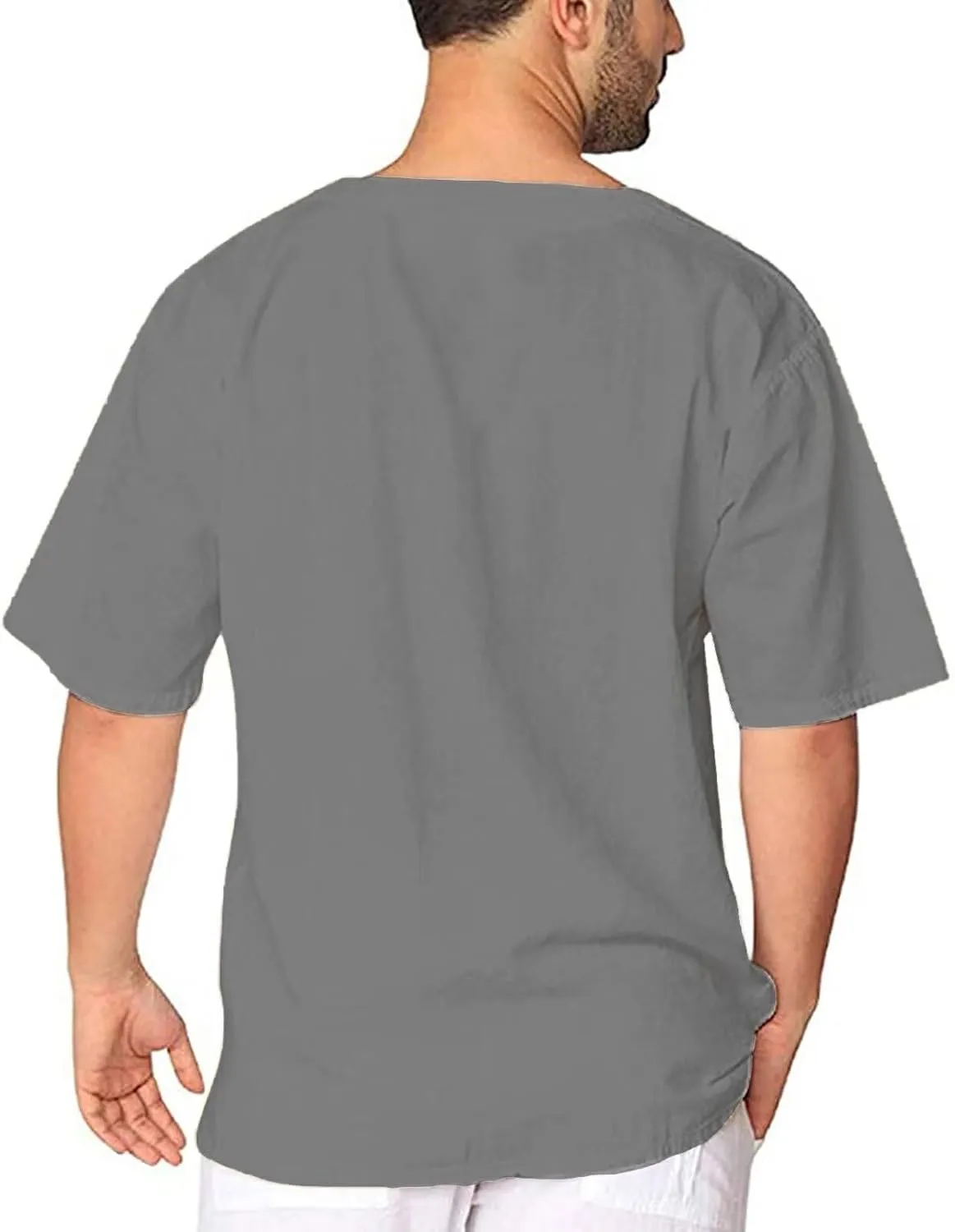 elselect Mens Cotton Linen Shirts Lace Up Short Sleeve T Shirts Casual Beach Hippie Renaissance Shirt V Neck Yoga Tops