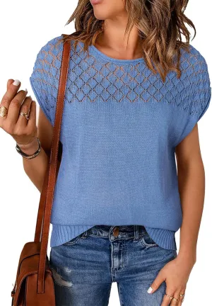 EVALESS Womens Fashion Short Sleeve Sweaters Crewneck Crochet Tops Summer Tie Back Shirts Knit T Shirts Sweater Tops