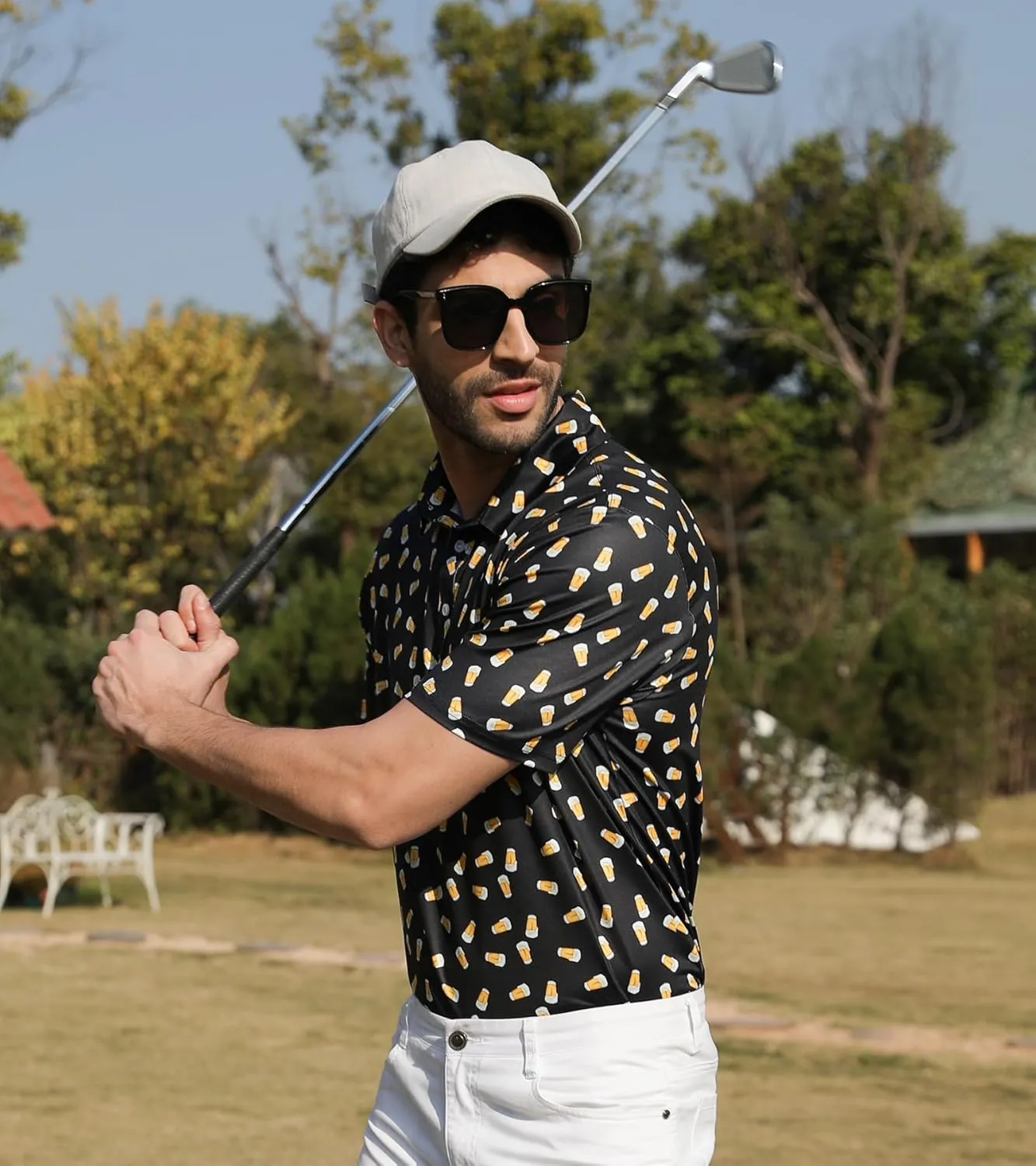 Fanient Men Golf Polo Shirts Short Sleeve 3D Printed Dry Fit Moisture Wicking 4-Way Stretch Summer Athletic Polo Shirts