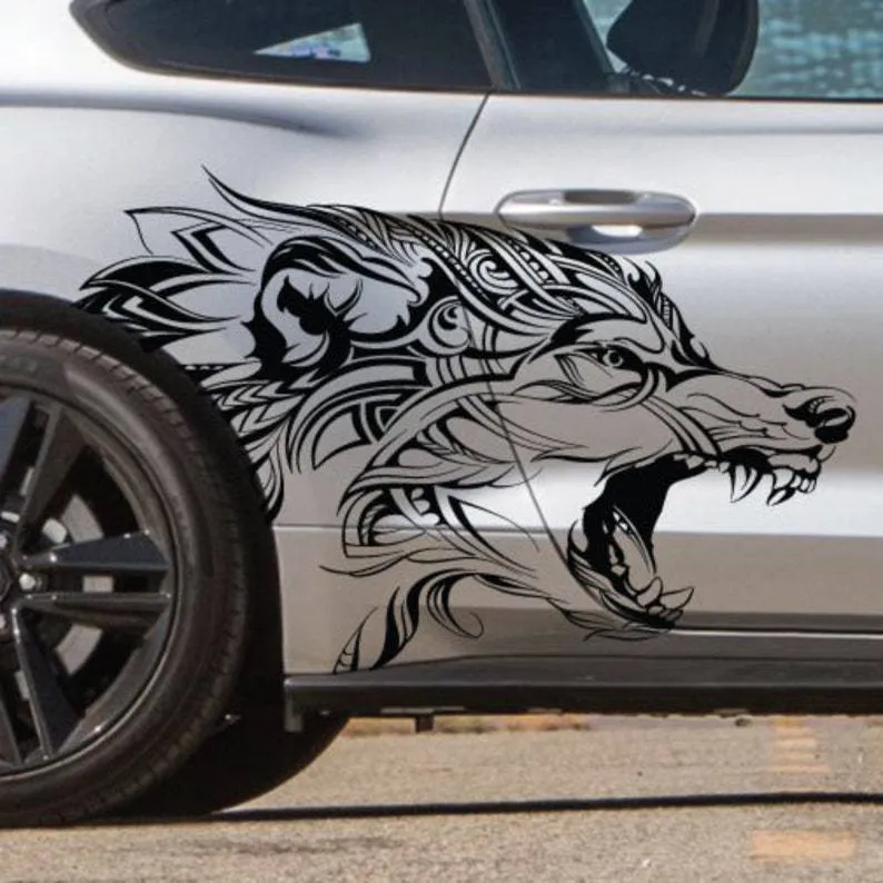 Fits Mustang F-150 Ranger Coyote Wolf Tattoo Grunge Design Tribal Door Bed Side Pickup Car Vinyl Graphic Decal Sticker leopard