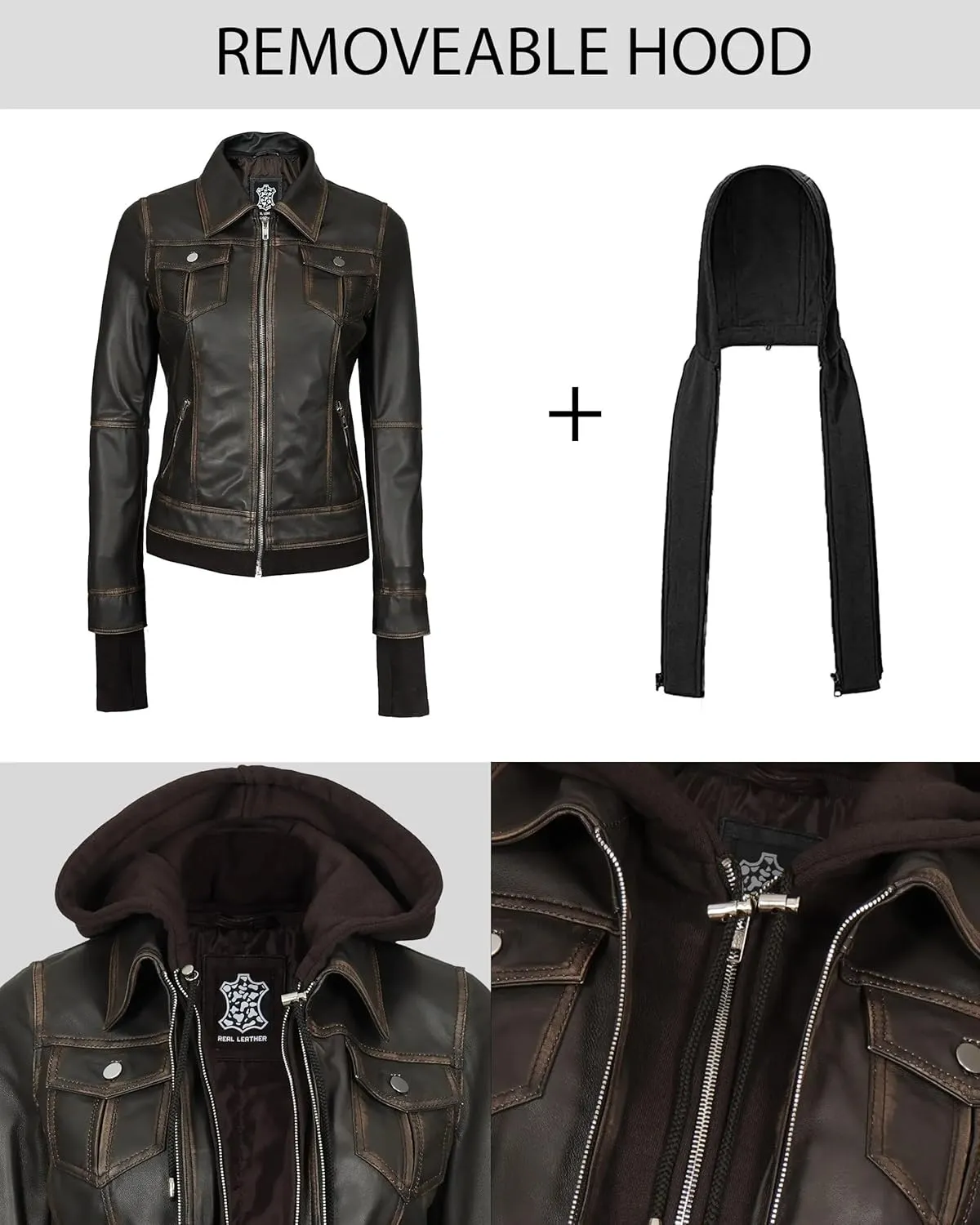 fjackets Leather Jackets For Women - Removable Hood & Bomber Real Lambskin Leather Jacket Womens