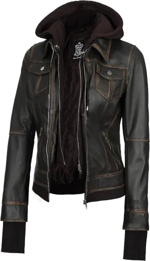fjackets Leather Jackets For Women - Removable Hood & Bomber Real Lambskin Leather Jacket Womens
