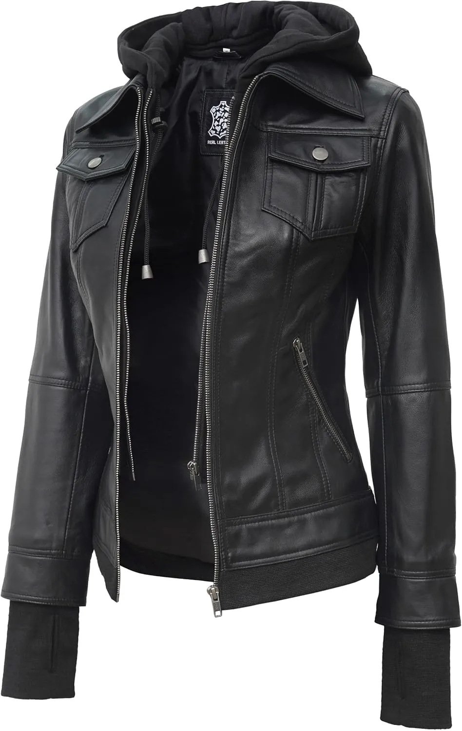 fjackets Leather Jackets For Women - Removable Hood & Bomber Real Lambskin Leather Jacket Womens