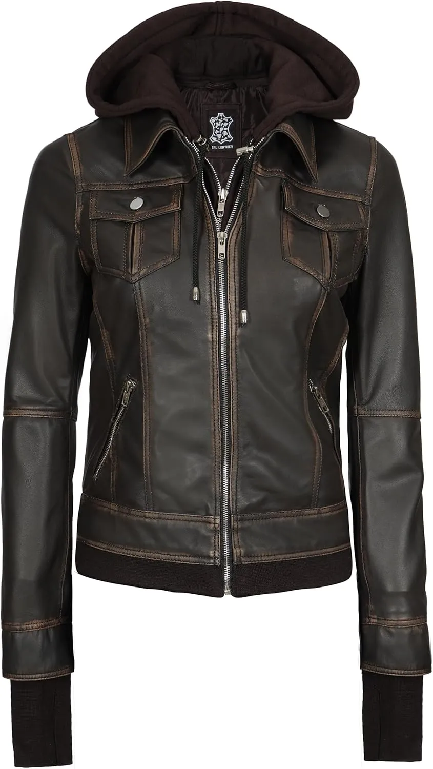 fjackets Leather Jackets For Women - Removable Hood & Bomber Real Lambskin Leather Jacket Womens
