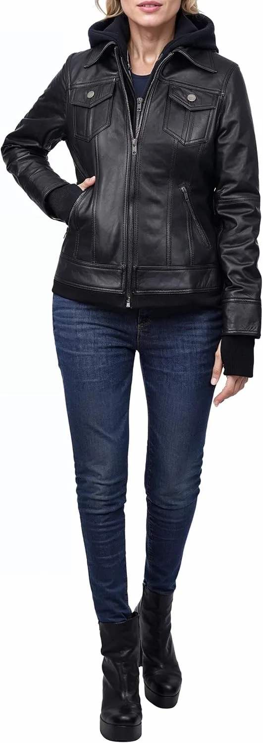 fjackets Leather Jackets For Women - Removable Hood & Bomber Real Lambskin Leather Jacket Womens