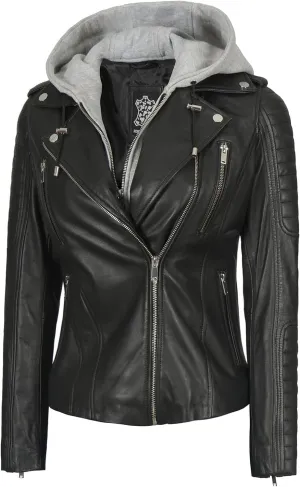 fjackets Leather Jackets For Women - Removable Hood & Bomber Real Lambskin Leather Jacket Womens