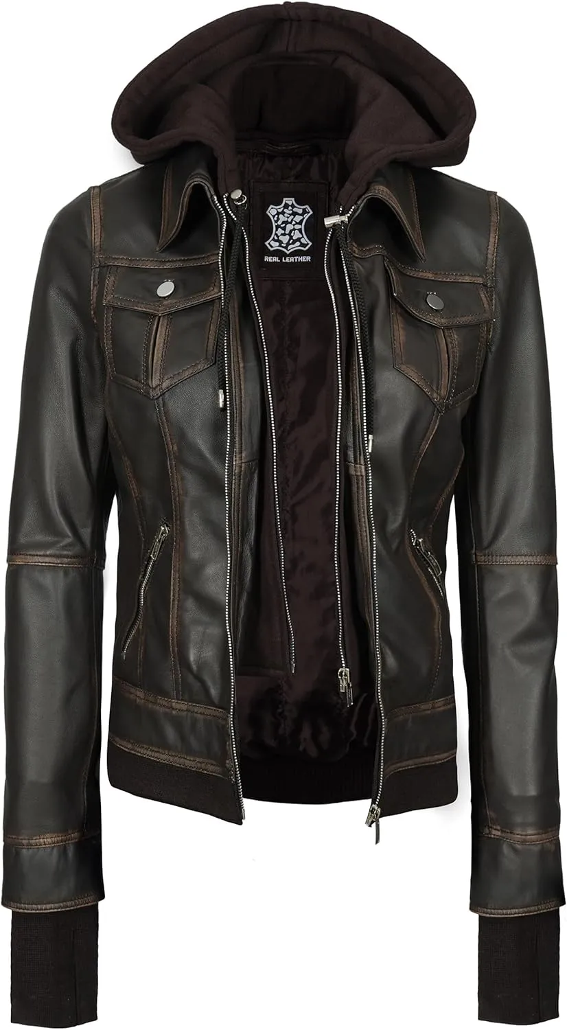 fjackets Leather Jackets For Women - Removable Hood & Bomber Real Lambskin Leather Jacket Womens