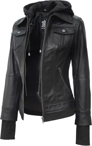 fjackets Leather Jackets For Women - Removable Hood & Bomber Real Lambskin Leather Jacket Womens