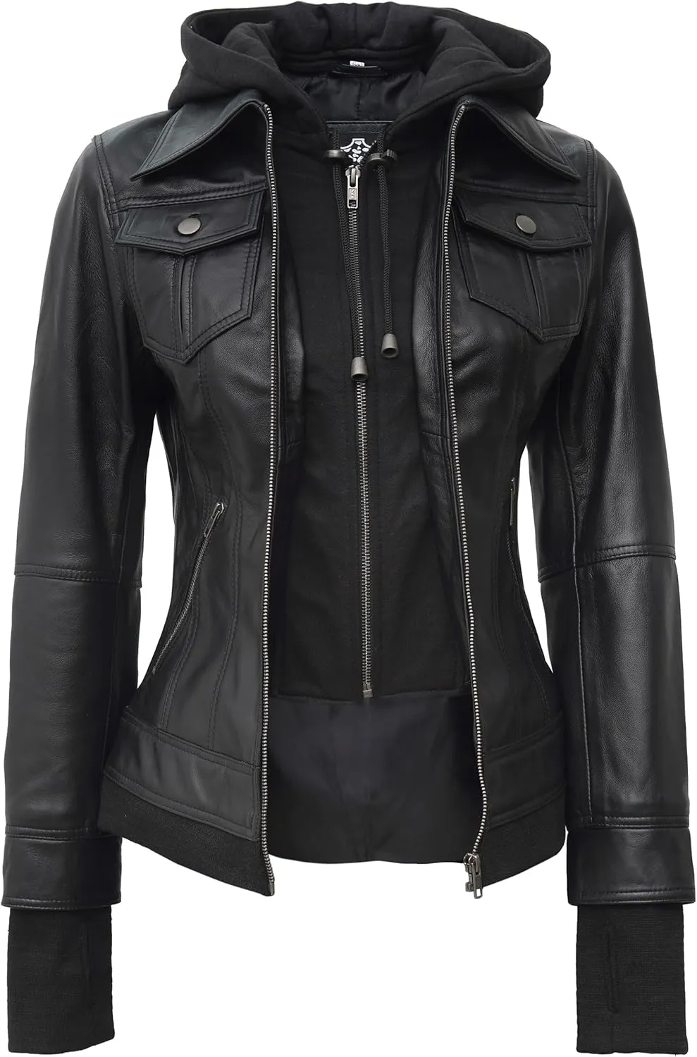 fjackets Leather Jackets For Women - Removable Hood & Bomber Real Lambskin Leather Jacket Womens