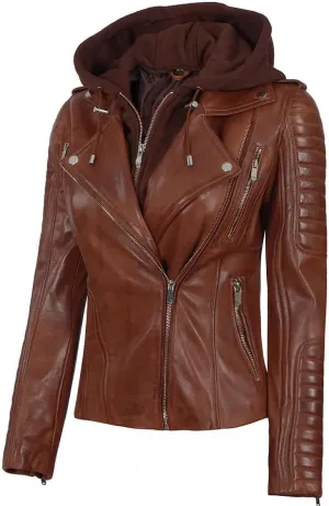 fjackets Leather Jackets For Women - Removable Hood Real Lambskin Bagheria Cognac Brown Leather Jacket Women | [1315075] XL