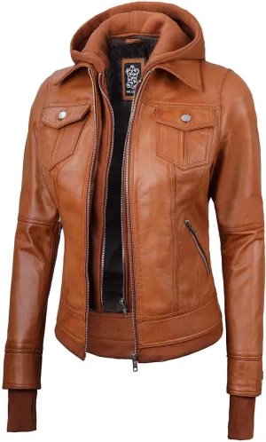 fjackets Leather Jackets For Women - Removable Hood Real Lambskin Tralee Brown Leather Jacket Women | [1313685] XL