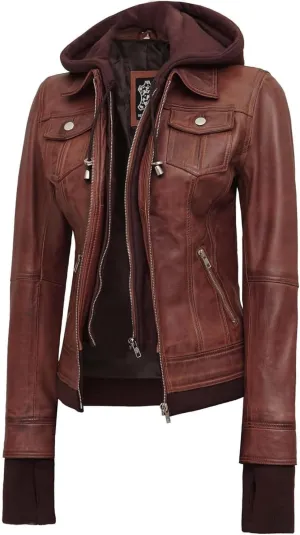 fjackets Leather Jackets For Women - Removable Hood Real Lambskin Tralee Cognac Brown Leather Jacket Women | [1314745] XL