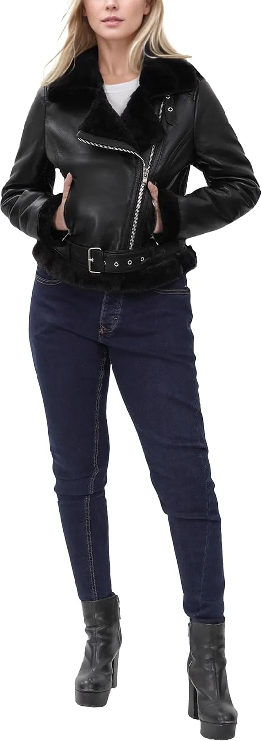 fjackets Leather Sherpa Jacket Womens - Real Lambskin Shearling Jackets For Women