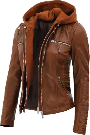 fjackets Womens Leather Jacket - Real Lambksin Bomber Leather Jacket Women With Removable Hood