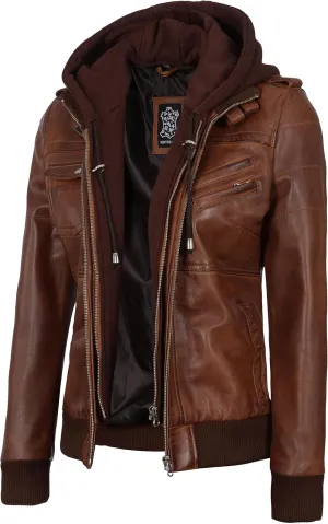 fjackets Womens Leather Jacket - Real Lambksin Bomber Leather Jacket Women With Removable Hood