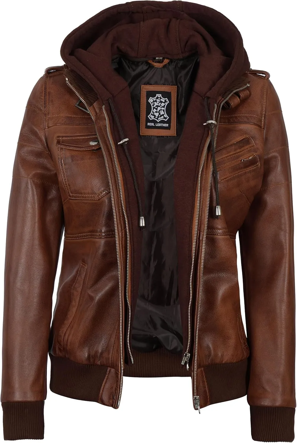 fjackets Womens Leather Jacket - Real Lambksin Bomber Leather Jacket Women With Removable Hood
