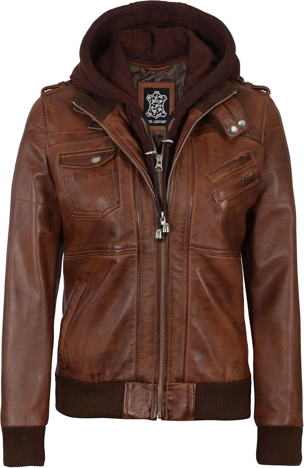 fjackets Womens Leather Jacket - Real Lambksin Bomber Leather Jacket Women With Removable Hood