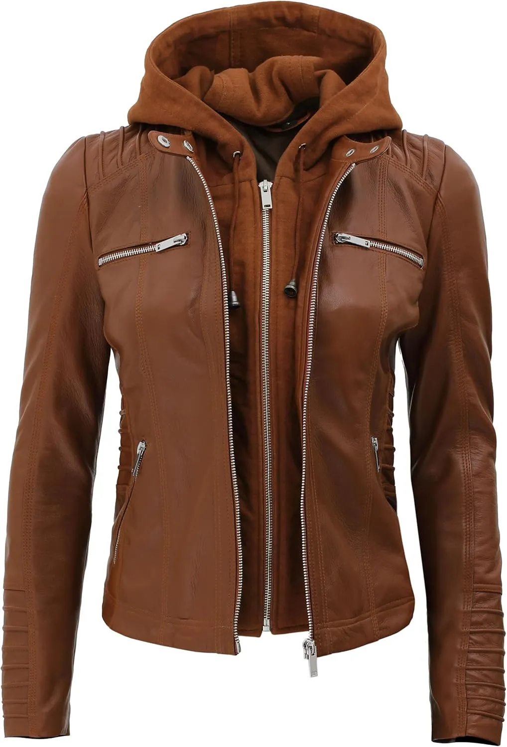 fjackets Womens Leather Jacket - Real Lambksin Bomber Leather Jacket Women With Removable Hood