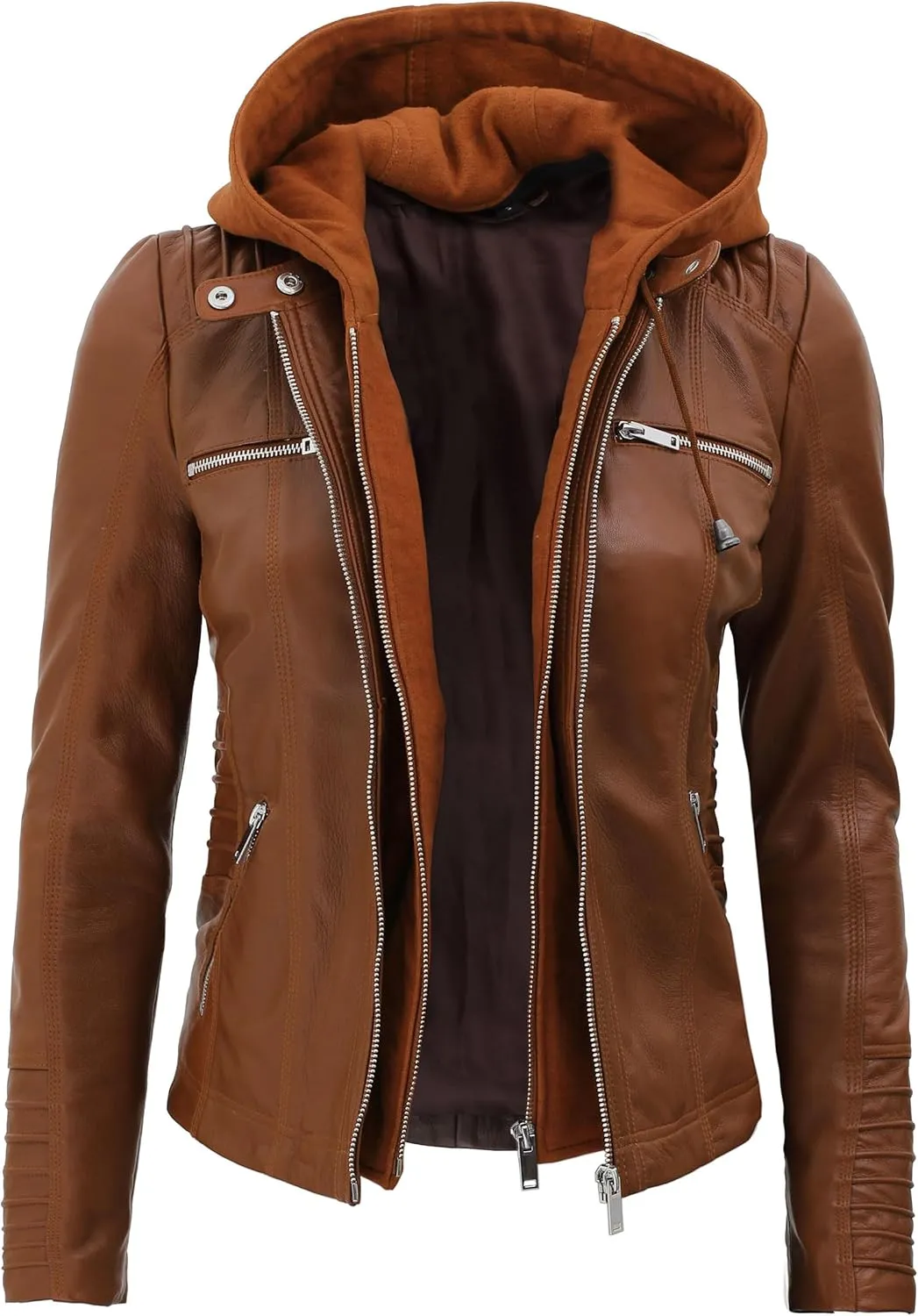 fjackets Womens Leather Jacket - Real Lambksin Bomber Leather Jacket Women With Removable Hood