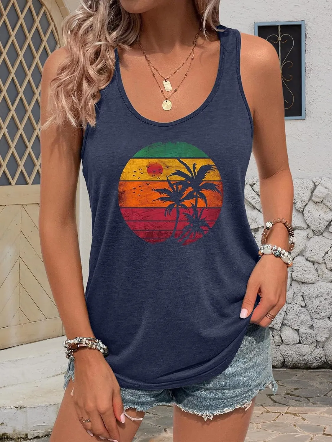 GEMLON Womens Tank Tops Summer Graphic Basic Casual Loose Sleeveless Tees Shirts for Women