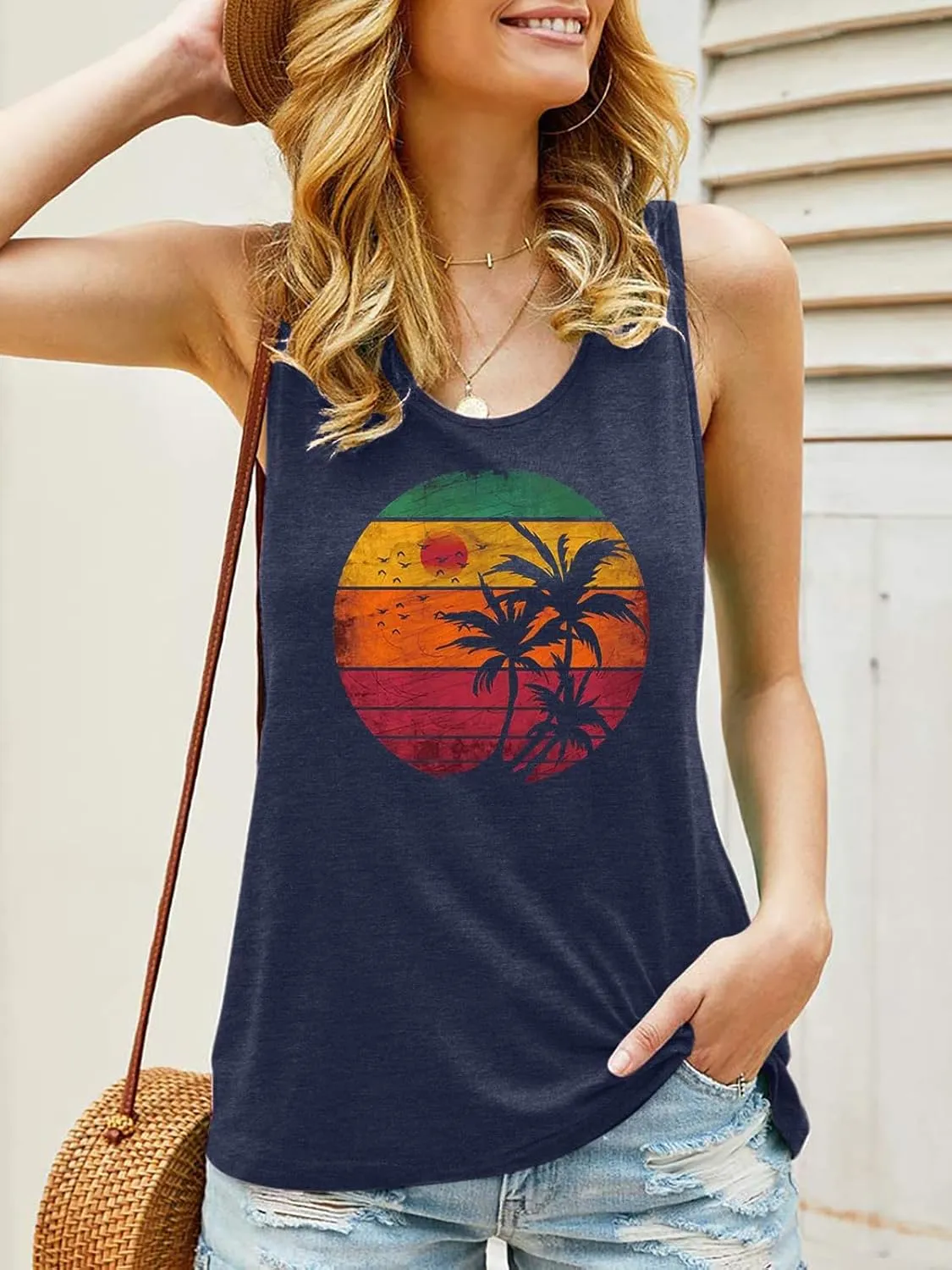 GEMLON Womens Tank Tops Summer Graphic Basic Casual Loose Sleeveless Tees Shirts for Women