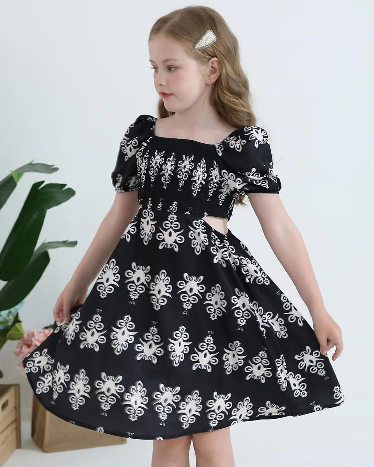 Girls Summer Dresses Tween Puff Sleeve Floral Square Neck Casual Smocked Sundress with Pockets for 7-12 Years