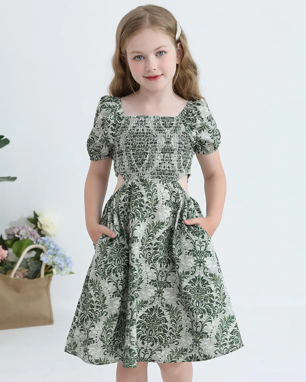 Girls Summer Dresses Tween Puff Sleeve Floral Square Neck Casual Smocked Sundress with Pockets for 7-12 Years