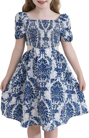 Girls Summer Dresses Tween Puff Sleeve Floral Square Neck Casual Smocked Sundress with Pockets for 7-12 Years