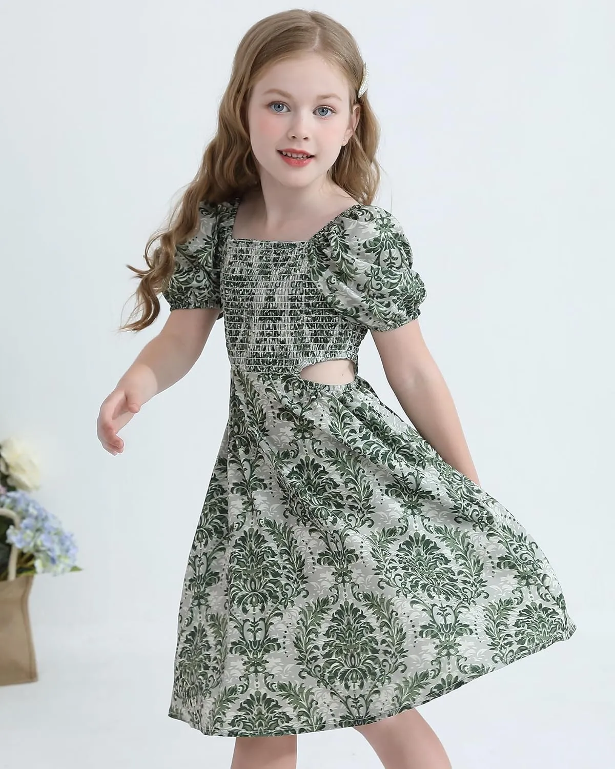 Girls Summer Dresses Tween Puff Sleeve Floral Square Neck Casual Smocked Sundress with Pockets for 7-12 Years