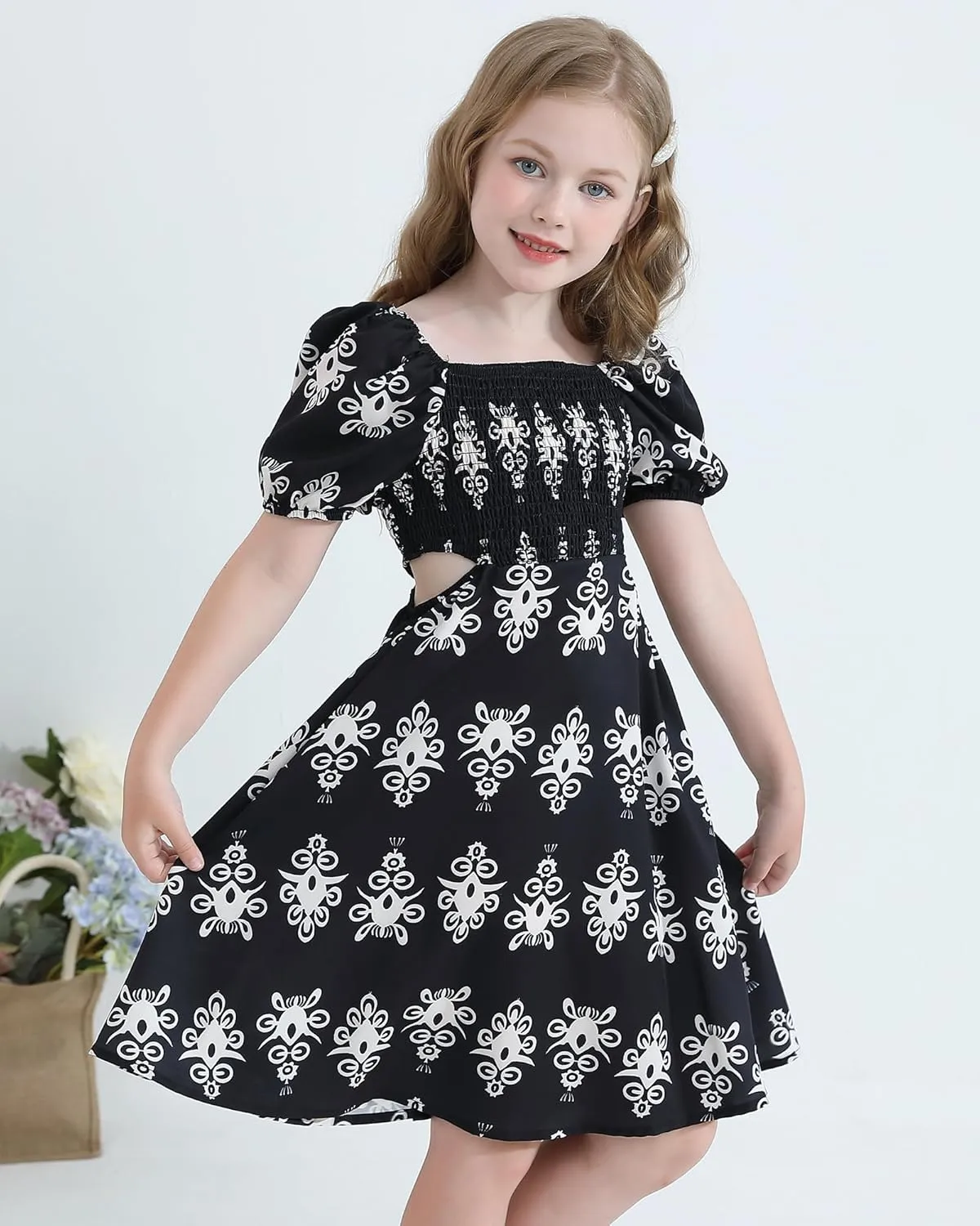 Girls Summer Dresses Tween Puff Sleeve Floral Square Neck Casual Smocked Sundress with Pockets for 7-12 Years