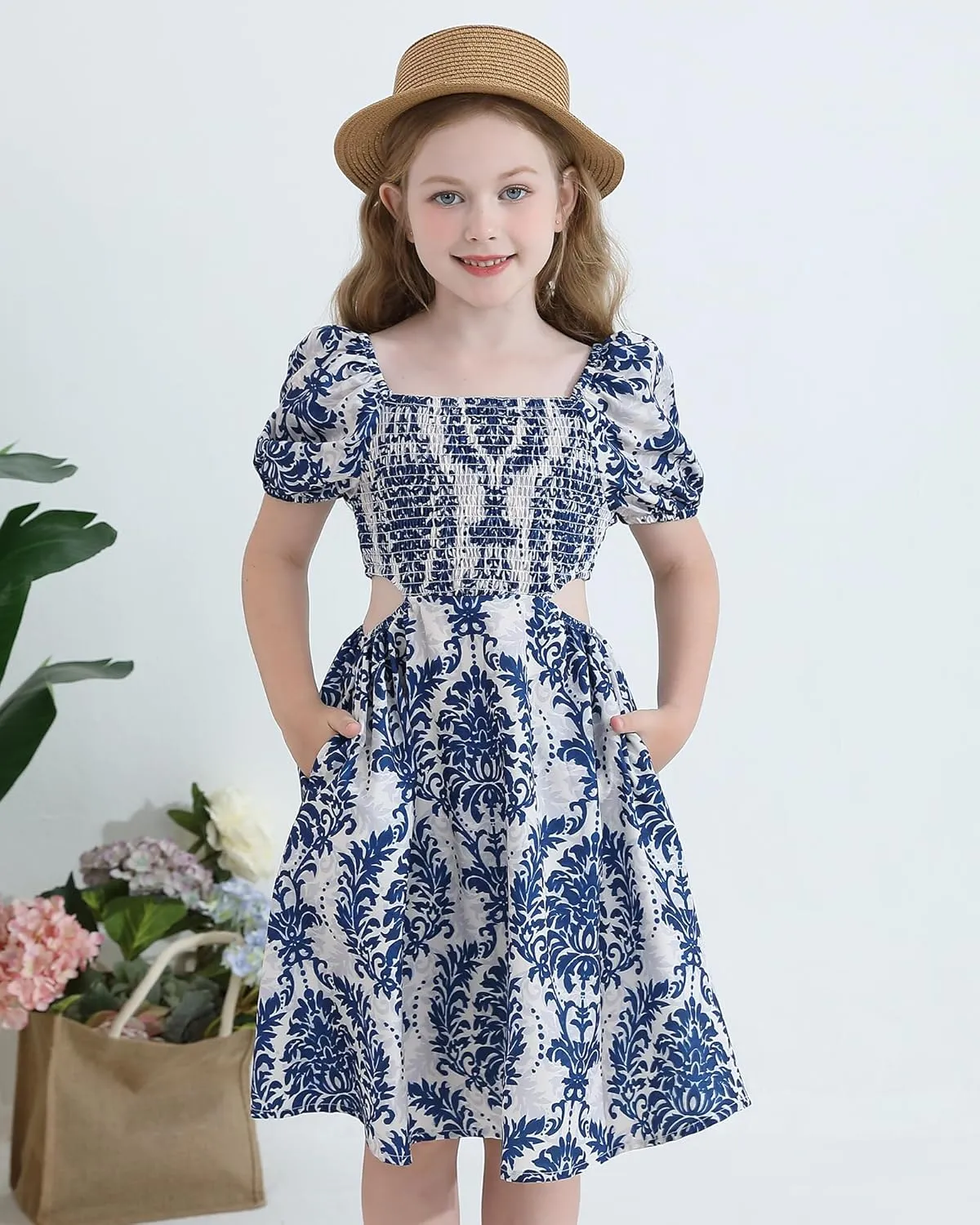 Girls Summer Dresses Tween Puff Sleeve Floral Square Neck Casual Smocked Sundress with Pockets for 7-12 Years