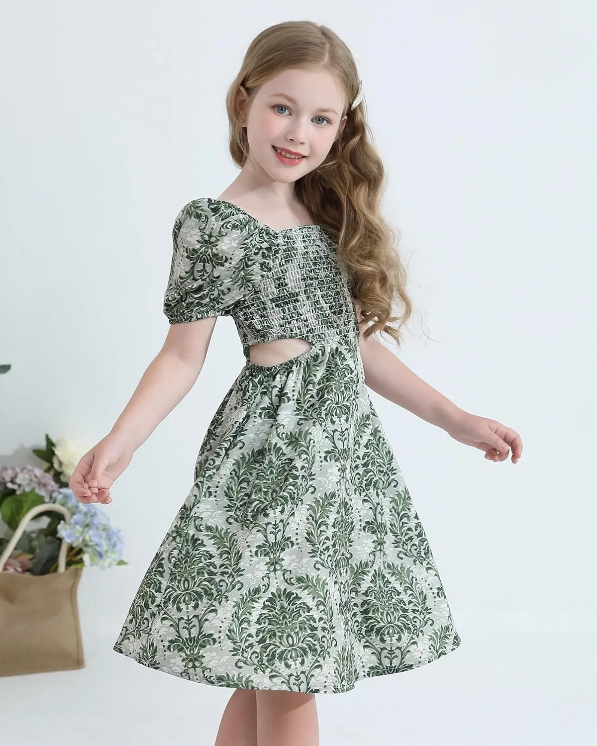Girls Summer Dresses Tween Puff Sleeve Floral Square Neck Casual Smocked Sundress with Pockets for 7-12 Years