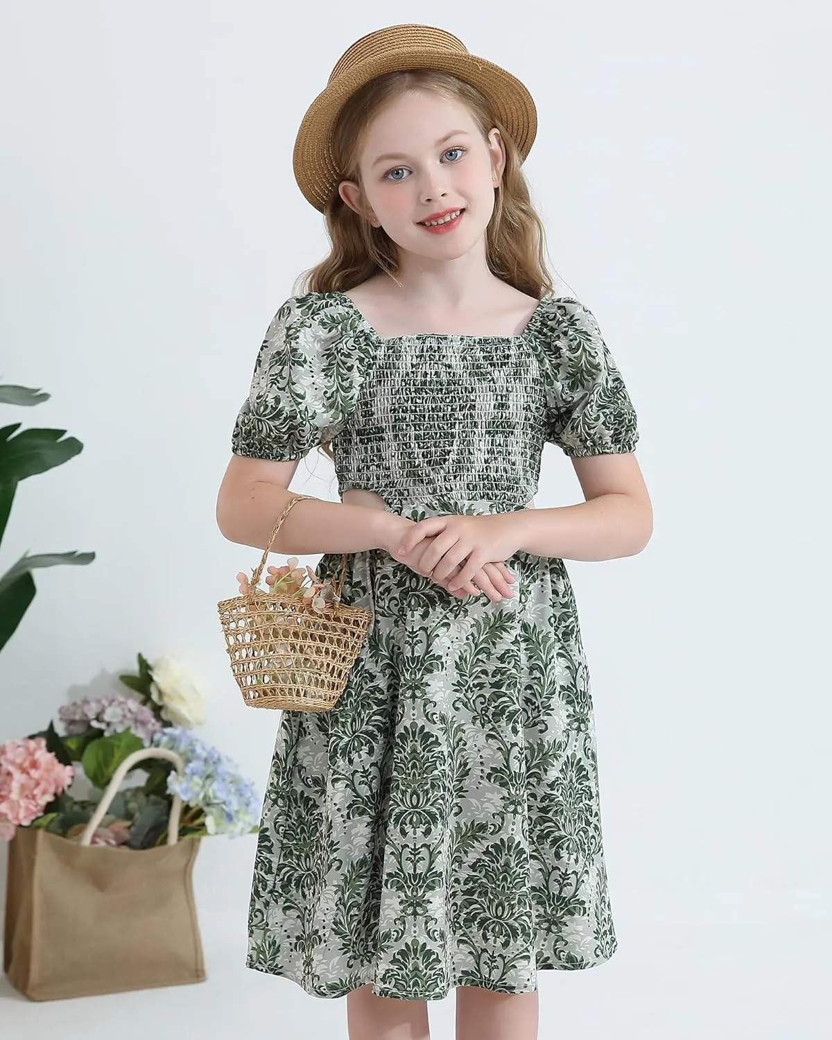 Girls Summer Dresses Tween Puff Sleeve Floral Square Neck Casual Smocked Sundress with Pockets for 7-12 Years